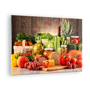 Cuadro sobre vidrio - Impresiones sobre Vidrio - Verduras coloridas, frutas, pan y conservas sobre un fondo de madera. - 70x50cm - La mesa está lista - Decoración de pared moderna para salón y dormitorio ARTTOR