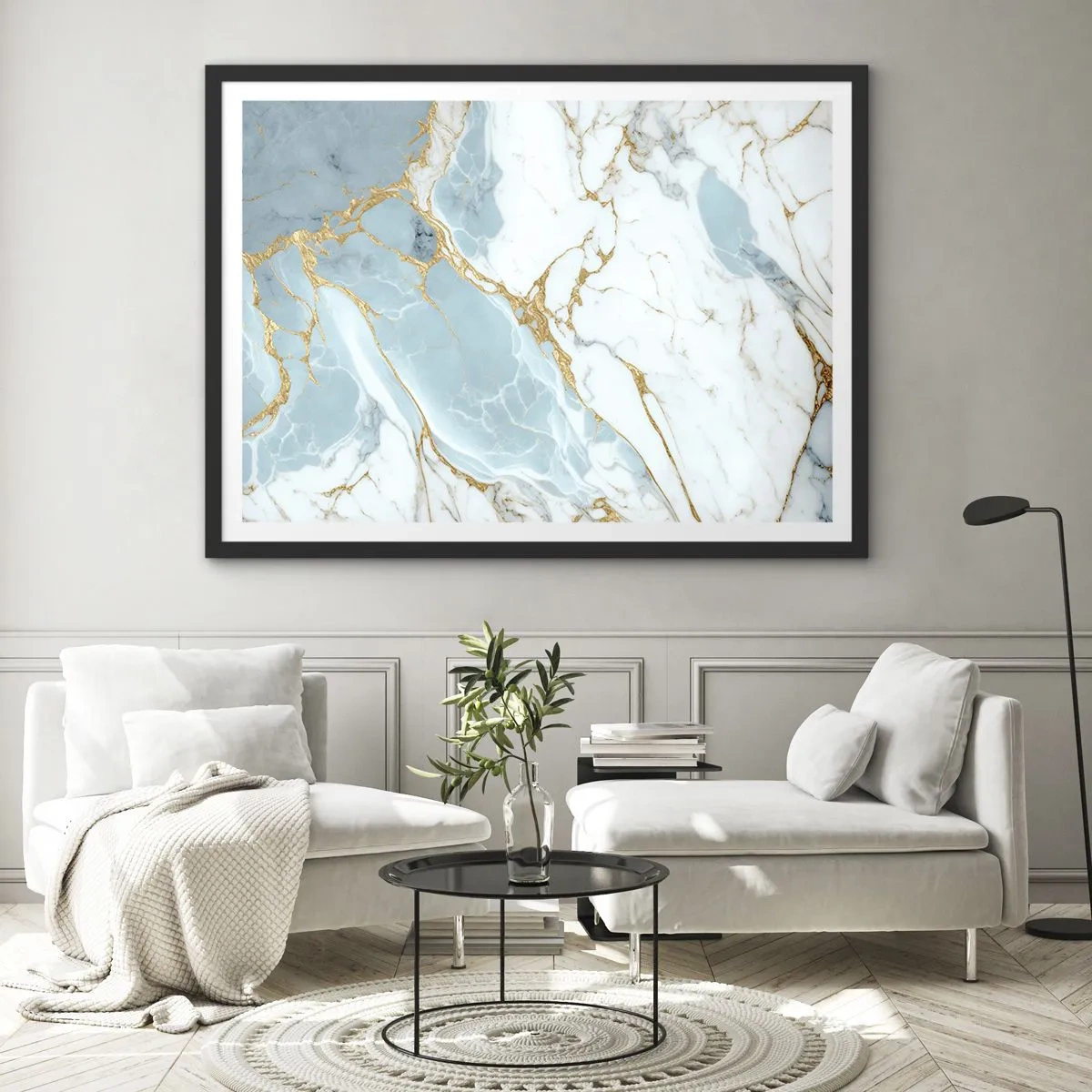 Póster en marco negro - Patrones de mármol azul y blanco con vetas doradas añadidas. - 100x70cm - Riqueza en la piedra - Decoración de pared moderna para salón y dormitorio ARTTOR