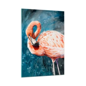 Cuadro sobre vidrio - Impresiones sobre Vidrio - Un flamenco rosado sobre un fondo de acuarela azul. - 50x70cm - Decorativo por naturaleza - Decoración de pared moderna para salón y dormitorio ARTTOR