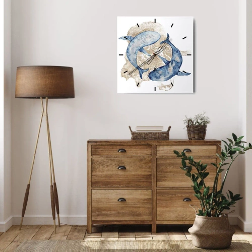 Reloj de pared - Reloj de vidrio - Ballenas azules abstractas sobre un fondo claro - 30x30cm - ¿Amistad o amor? - Decoración de pared moderna para salón y dormitorio ARTTOR