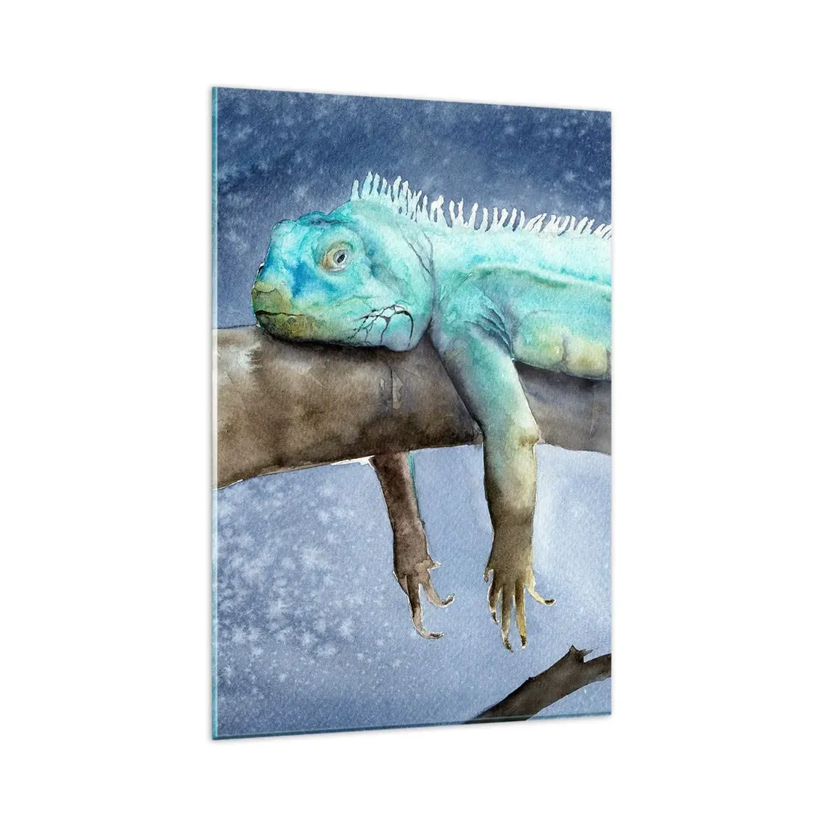 Cuadro sobre vidrio - Impresiones sobre Vidrio - Iguana azul descansando en una rama - 80x120cm - Me siento bien, ¿y tú? - Decoración de pared moderna para salón y dormitorio ARTTOR
