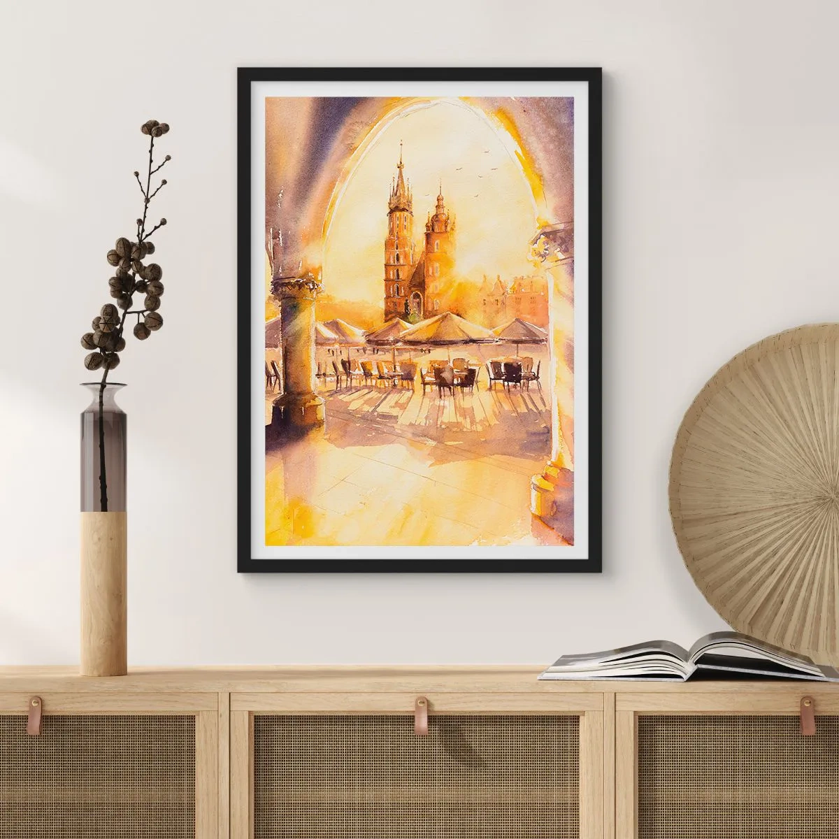 Póster en marco negro - Una acuarela que representa la plaza del mercado de Cracovia al atardecer. - 50x70cm - Este sobre el mercado de Cracovia - Decoración de pared moderna para salón y dormitorio ARTTOR