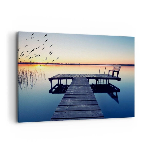 Cuadro sobre lienzo - Impresión de Imagen - Muelle de madera en un lago al amanecer con pájaros - 100x70cm - Fue un buen día - Decoración de pared moderna para salón y dormitorio ARTTOR
