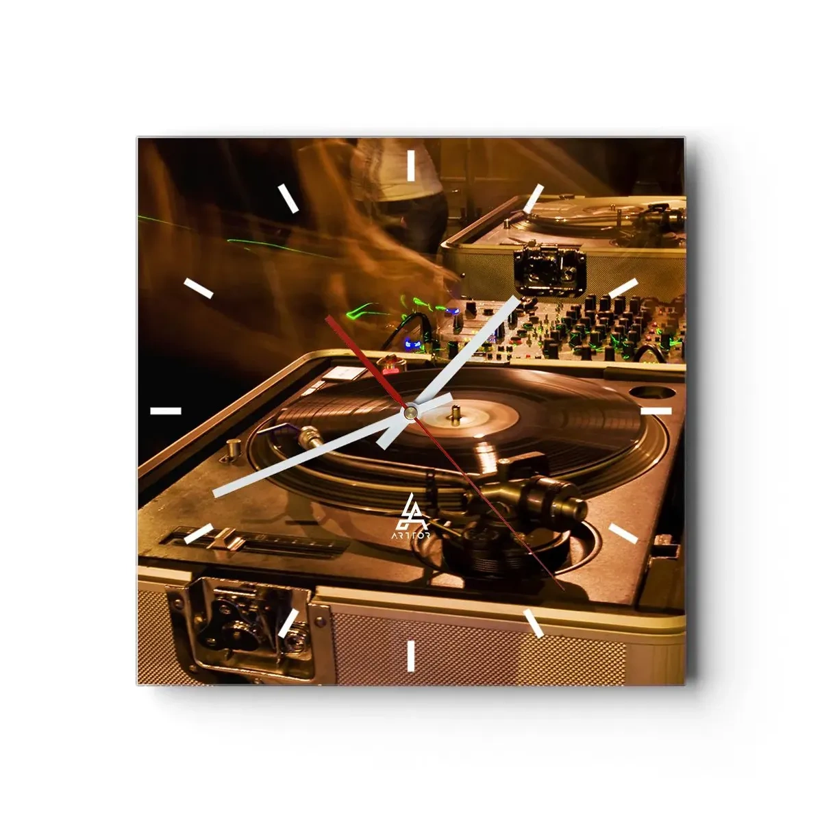 Reloj de pared - Reloj de vidrio - Equipo de DJ con plato giratorio y mezclador durante una fiesta - 30x30cm - ¿Puedes sentir el poder? - Decoración de pared moderna para salón y dormitorio ARTTOR