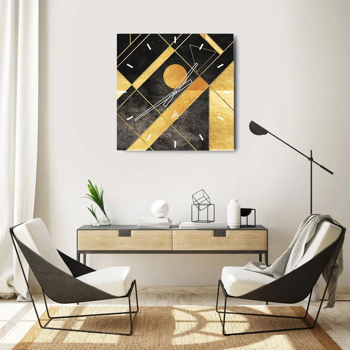 Reloj de pared - Reloj de vidrio - Formas geométricas en tonos dorados y negros. - 30x30cm - Sol del desierto - Decoración de pared moderna para salón y dormitorio ARTTOR