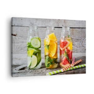 Cuadro sobre lienzo - Impresión de Imagen - Botellas de agua de frutas y hierbas sobre un fondo de madera. - 70x50cm - Saludable por naturaleza - Decoración de pared moderna para salón y dormitorio ARTTOR
