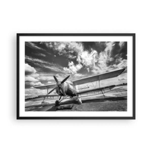 Póster en marco negro - Un avión antiguo en el aeropuerto en blanco y negro. - 70x50cm - No puedo esperar - Decoración de pared moderna para salón y dormitorio ARTTOR