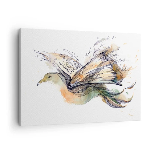 Cuadro sobre lienzo - Impresión de Imagen - Pintura artística de acuarela de un pájaro con un libro como alas. - 70x50cm - En las alas de la poesía - Decoración de pared moderna para salón y dormitorio ARTTOR