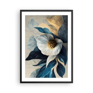 Póster en marco negro - Una elegante flor en tonos azul marino y dorado. - 50x70cm - Con un corazón de oro - Decoración de pared moderna para salón y dormitorio ARTTOR