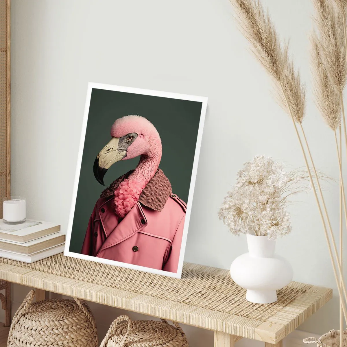 Póster - Un flamenco con estilo con un abrigo elegante. - 50x70cm - La auténtica elegancia - Decoración de pared moderna para salón y dormitorio ARTTOR