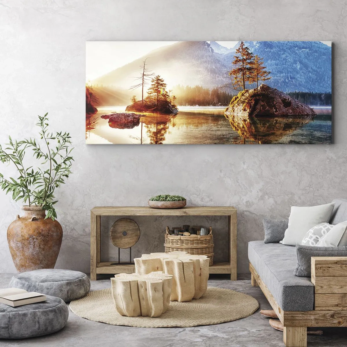 Cuadro sobre lienzo - Impresión de Imagen - Un lago con islas y montañas al fondo al amanecer. - 160x50cm - La naturaleza bajo la luz - Decoración de pared moderna para salón y dormitorio ARTTOR