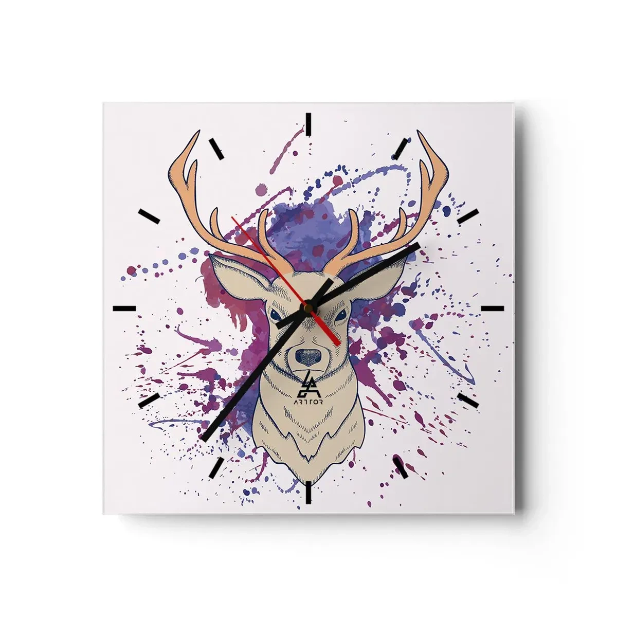 Reloj de pared - Reloj de vidrio - Retrato de un ciervo con manchas abstractas en el fondo. - 30x30cm - Valor y equilibrio - Decoración de pared moderna para salón y dormitorio ARTTOR