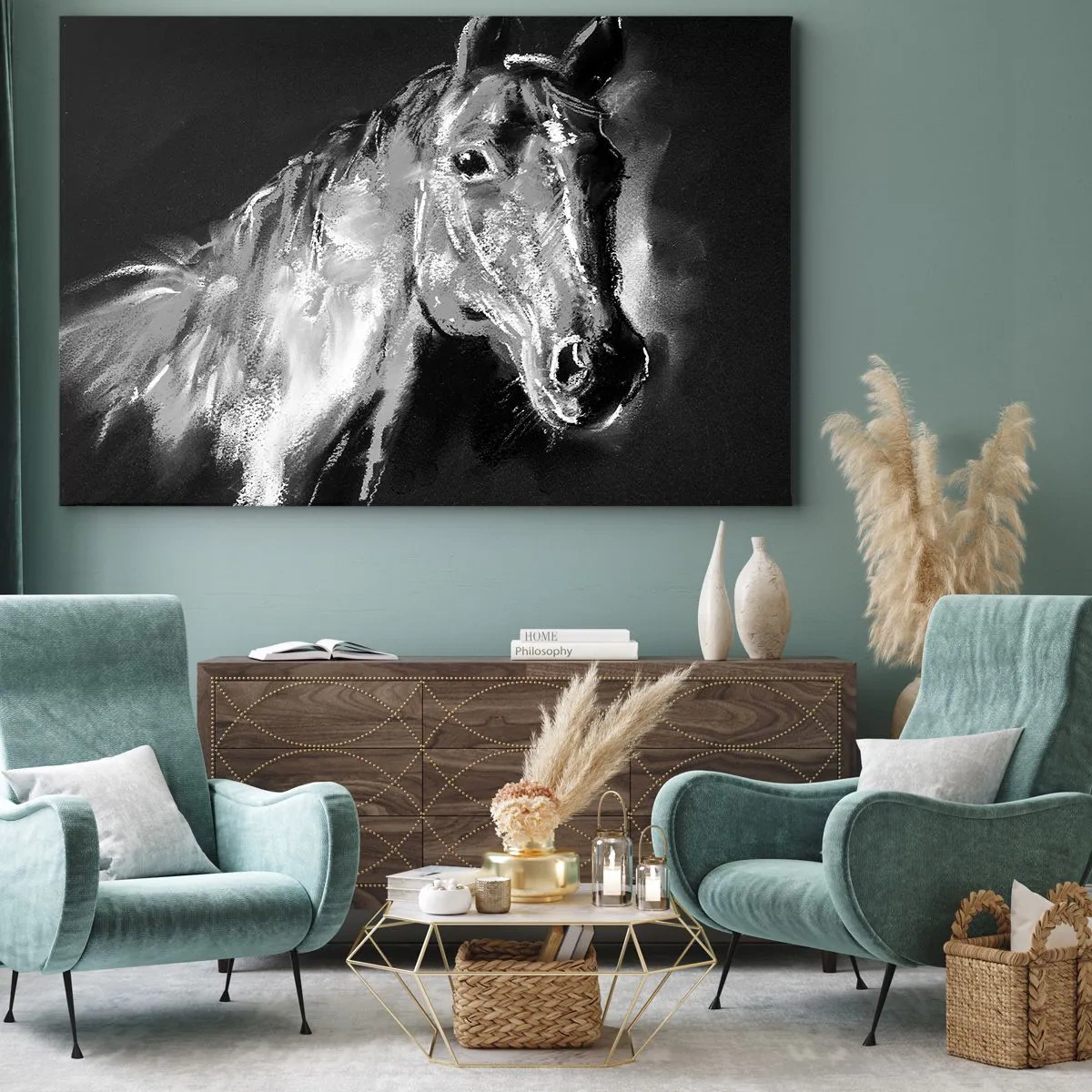 Cuadro sobre lienzo - Impresión de Imagen - Retrato de un caballo en un estilo dinámico en blanco y negro. - 70x50cm - El brillo de un alma noble - Decoración de pared moderna para salón y dormitorio ARTTOR