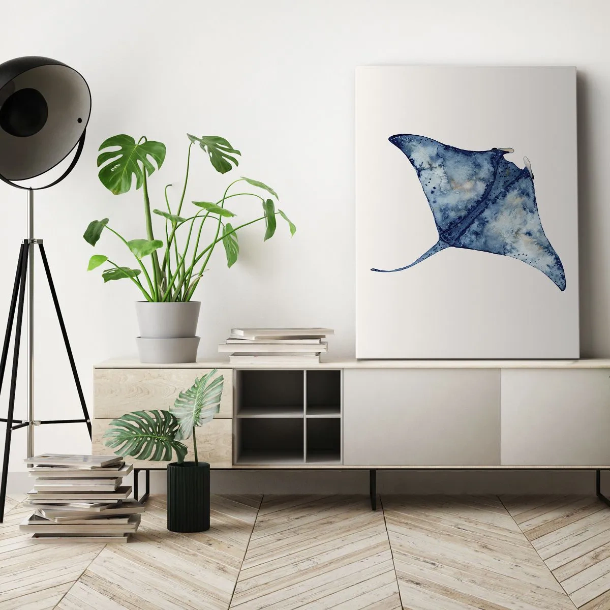 Cuadro sobre lienzo - Impresión de Imagen - Raya azul en estilo acuarela sobre fondo blanco - 80x120cm - La vida en azul - Decoración de pared moderna para salón y dormitorio ARTTOR