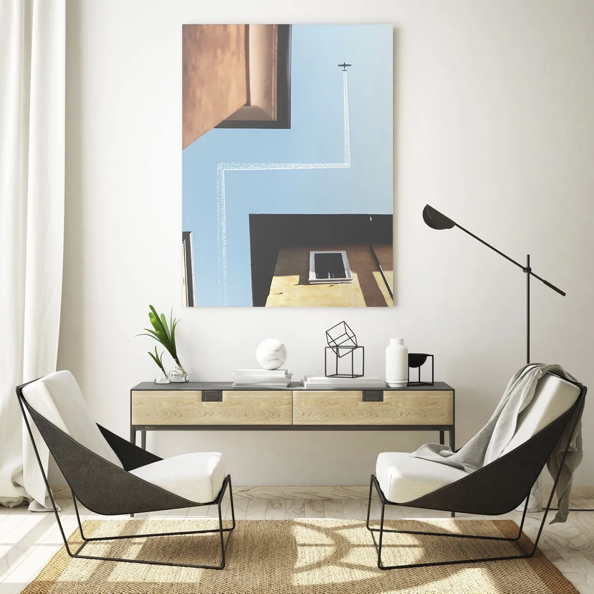 Cuadro sobre vidrio - Impresiones sobre Vidrio - Un avión sobre la ciudad visto desde un patio entre casas de vecindad. - 50x70cm - Por encima del laberinto urbano - Decoración de pared moderna para salón y dormitorio ARTTOR