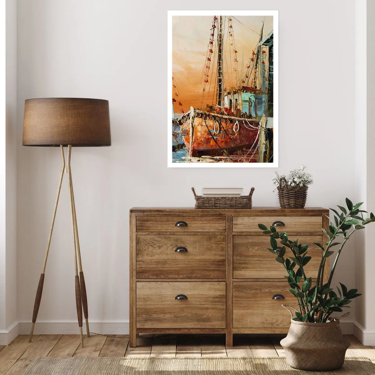 Póster - Un velero con el sol poniente como telón de fondo - 50x70cm - Regreso pacífico - Decoración de pared moderna para salón y dormitorio ARTTOR