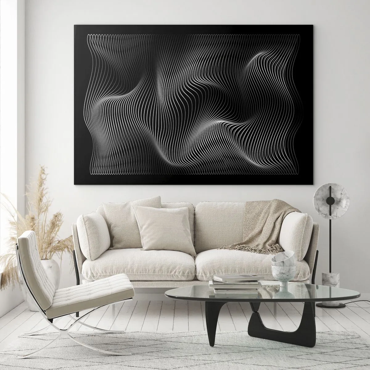 Cuadro sobre vidrio - Impresiones sobre Vidrio - Líneas blancas hipnóticas que ondulan sobre un fondo negro - 120x80cm - La danza de la luz en el espacio - Decoración de pared moderna para salón y dormitorio ARTTOR