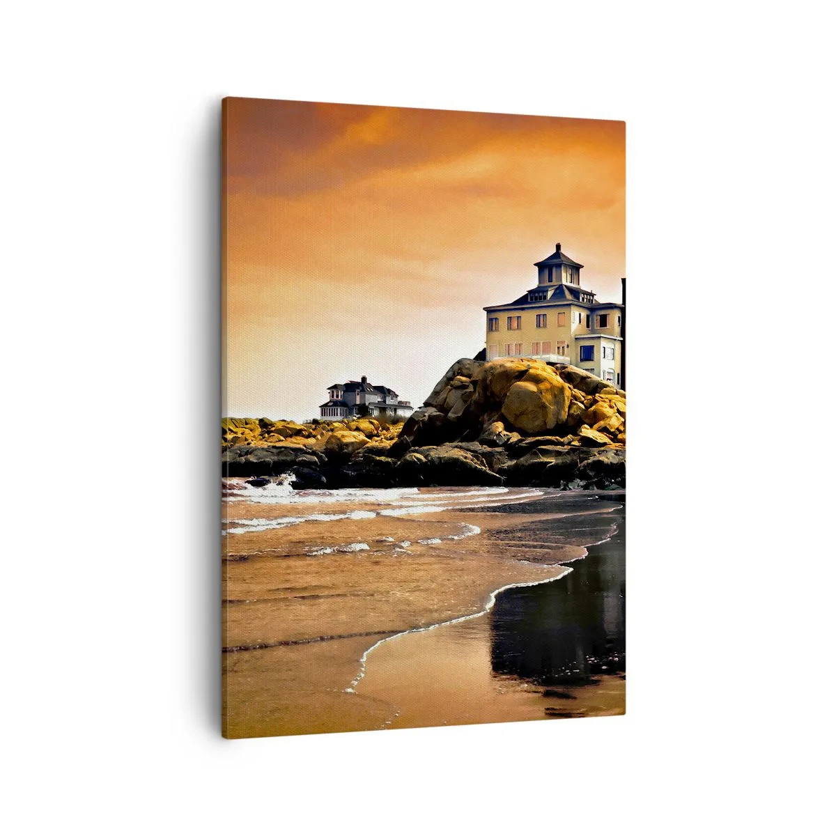 Cuadro sobre lienzo - Impresión de Imagen - Una casa sobre una roca junto a la playa al atardecer con su reflejo en el agua. - 50x70cm - La elegancia de la costa oeste - Decoración de pared moderna para salón y dormitorio ARTTOR