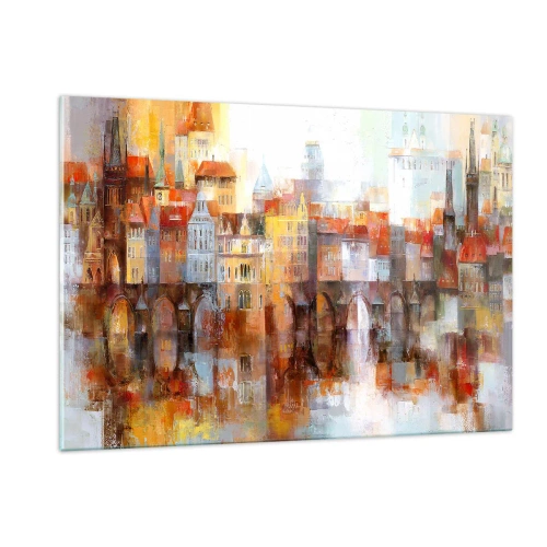 Cuadro sobre vidrio - Impresiones sobre Vidrio - Panorama colorido de la ciudad con un puente y reflejo en el agua. - 120x80cm - Puente y ciudad - Decoración de pared moderna para salón y dormitorio ARTTOR