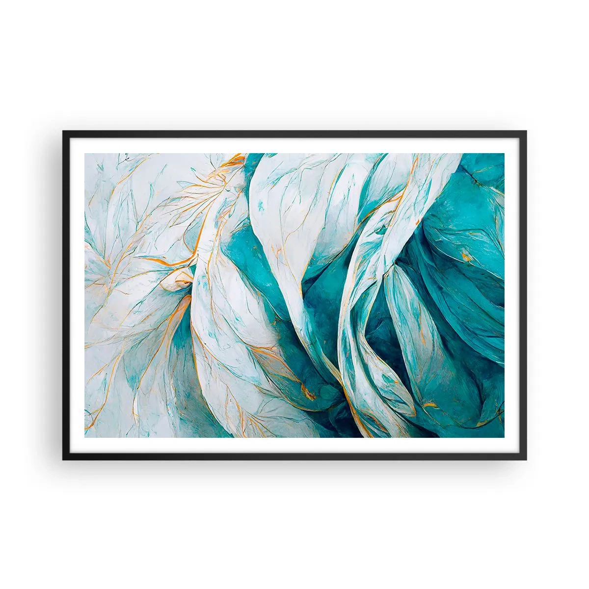 Póster en marco negro - Hojas azules abstractas con detalles dorados - 100x70cm - Abstracción azul con motivos dorados - Decoración de pared moderna para salón y dormitorio ARTTOR