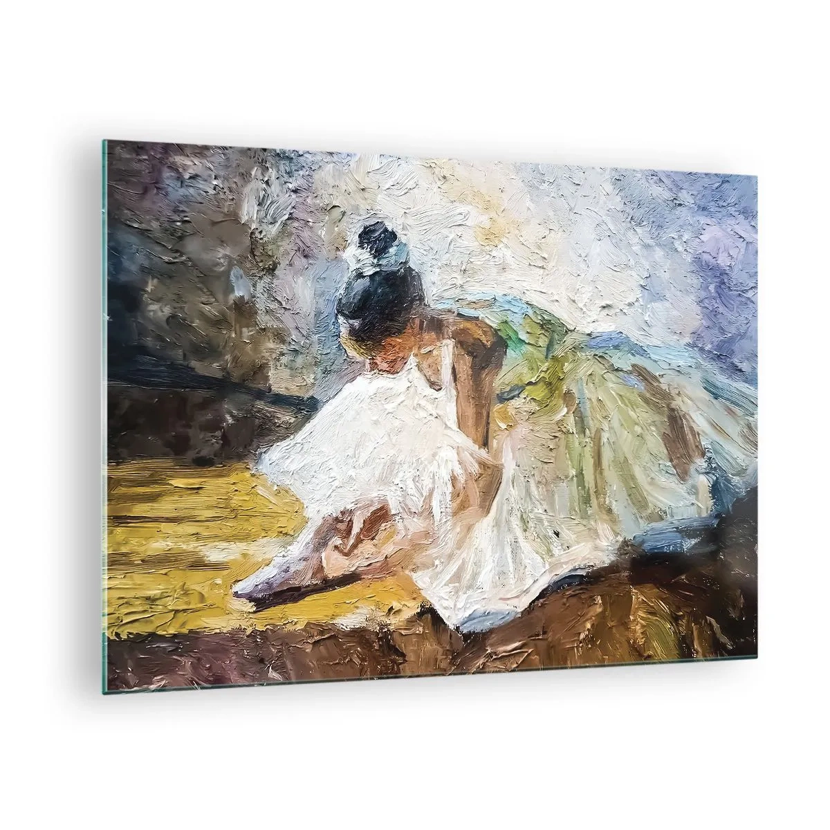 Cuadro sobre vidrio - Impresiones sobre Vidrio - Una bailarina inclinada hacia adelante con un vestido blanco pintado con una textura de óleo. - 70x50cm - De un cuadro de Degas - Decoración de pared moderna para salón y dormitorio ARTTOR