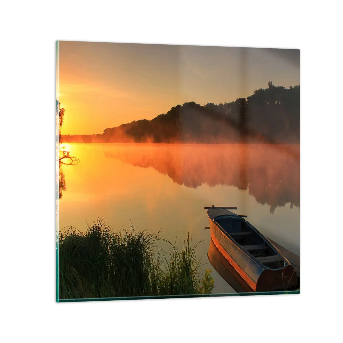 Cuadro sobre vidrio - Impresiones sobre Vidrio - Amanecer sobre el agua como la superficie de un espejo - 70x70 cm