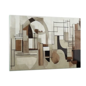 Cuadro sobre vidrio - Impresiones sobre Vidrio - Paisaje geométrico en tonos marrones y beige. - 120x80cm - Paisaje urbano 2.0 - Decoración de pared moderna para salón y dormitorio ARTTOR