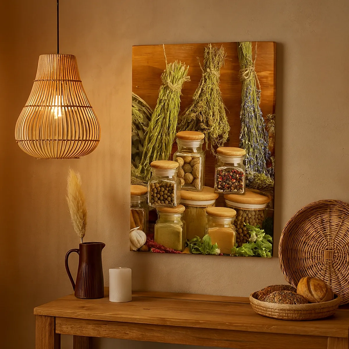 Cuadro sobre lienzo - Impresión de Imagen - Hierbas y especias en frascos sobre un fondo rústico. - 50x70cm - La magia de la cocina - Decoración de pared moderna para salón y dormitorio ARTTOR