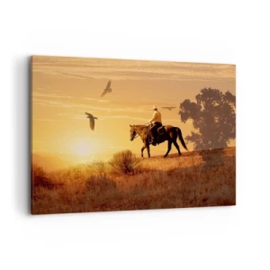 Cuadro sobre lienzo - Impresión de Imagen - Un jinete a caballo al atardecer contra la pradera. - 120x80cm - Solo a través de la pradera - Decoración de pared moderna para salón y dormitorio ARTTOR