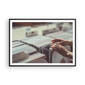 Póster en marco negro - Manos mirando a través de una colección de vinilos - 100x70cm - En busca de emociones - Decoración de pared moderna para salón y dormitorio ARTTOR