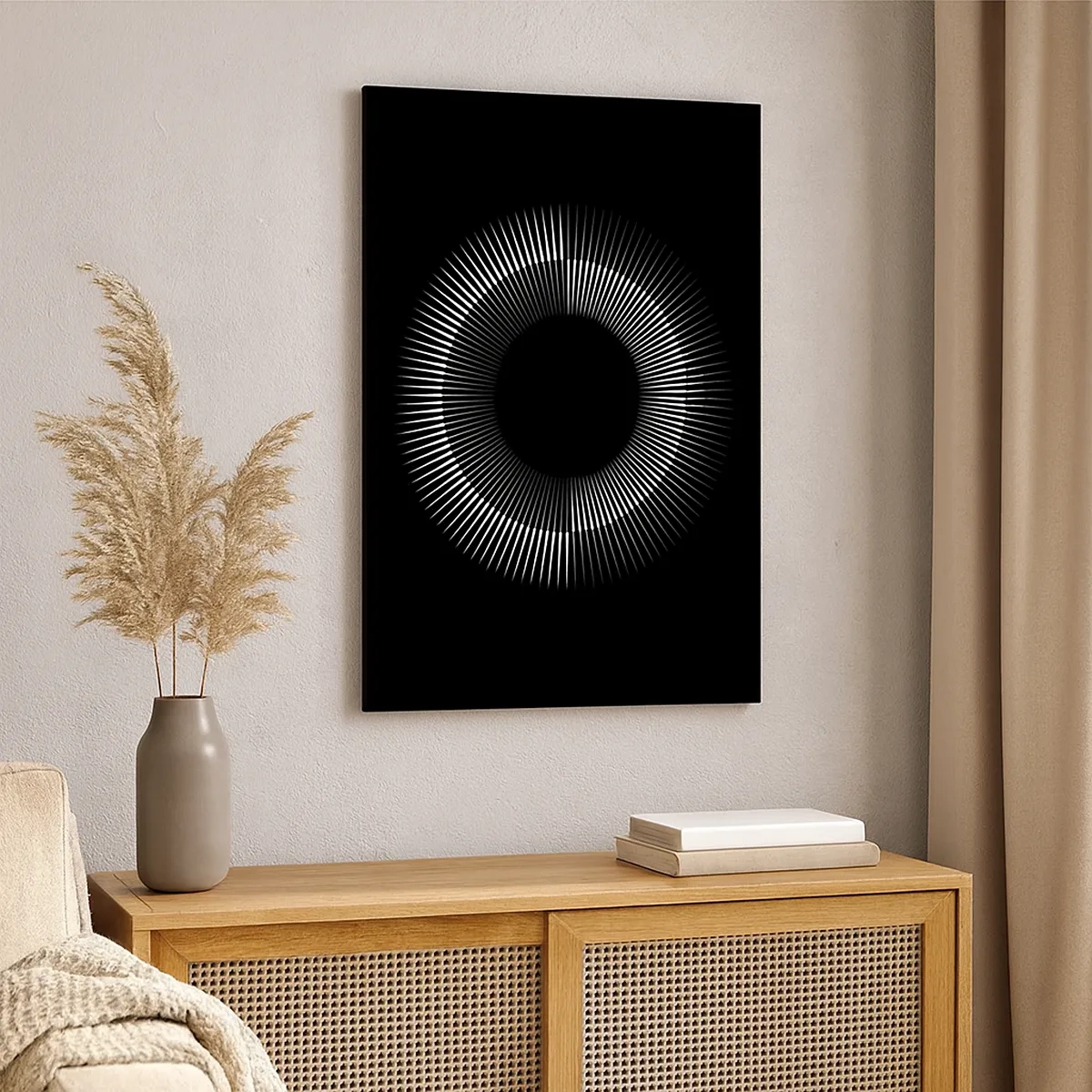 Cuadro sobre lienzo - Impresión de Imagen - Círculo gráfico con rayos en blanco y negro - 50x70cm - Sol negro - Decoración de pared moderna para salón y dormitorio ARTTOR