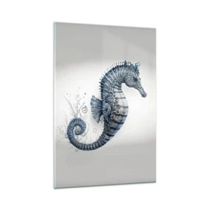 Cuadro sobre vidrio - Impresiones sobre Vidrio - Caballito de mar en tonos azules con detalles de acuarela - 80x120cm - Una sutil broma de la naturaleza - Decoración de pared moderna para salón y dormitorio ARTTOR