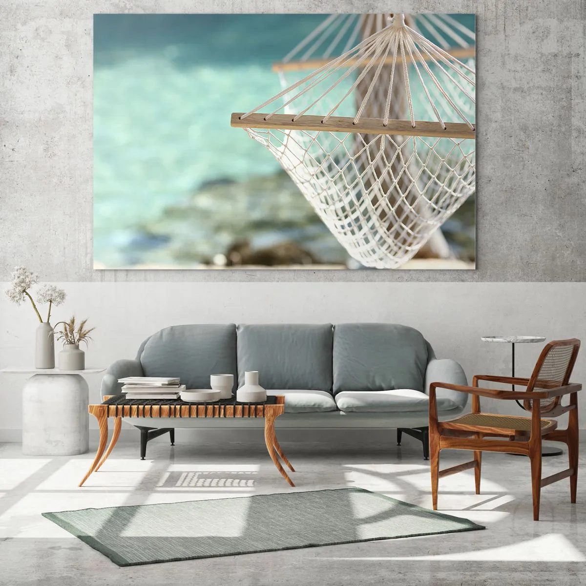 Cuadro sobre vidrio - Impresiones sobre Vidrio - Una hamaca con vistas a las cristalinas aguas turquesas. - 100x70cm - Momento de relax - Decoración de pared moderna para salón y dormitorio ARTTOR
