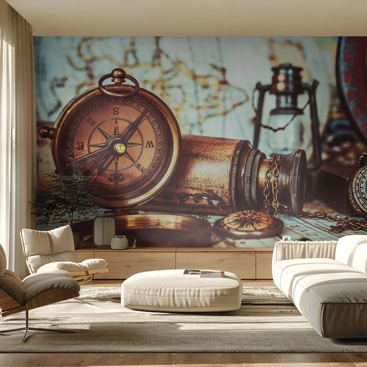 Fotomural Premium Canvas - Un conjunto retro con brújula, telescopio y mapa con temática de viajes. - 100x70cm - Te espera una aventura pirata en el Caribe - Decoración de pared moderna para salón y dormitorio ARTTOR