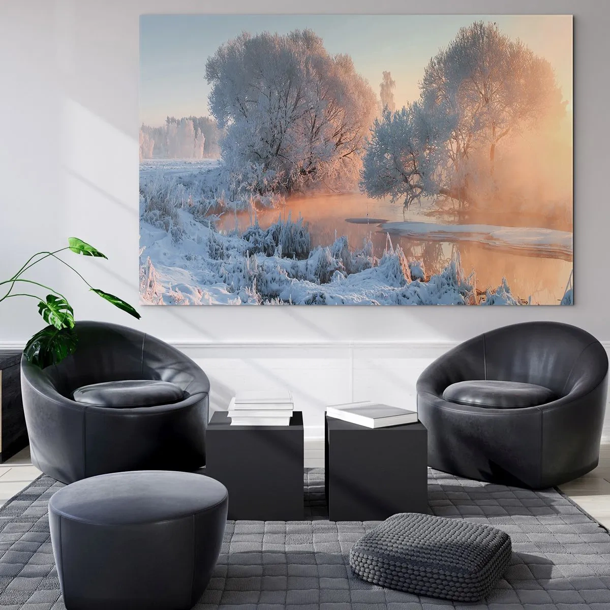 Cuadro sobre vidrio - Impresiones sobre Vidrio - Paisaje invernal con un lago congelado y niebla matutina. - 70x50cm - Brillo cristalino - Decoración de pared moderna para salón y dormitorio ARTTOR