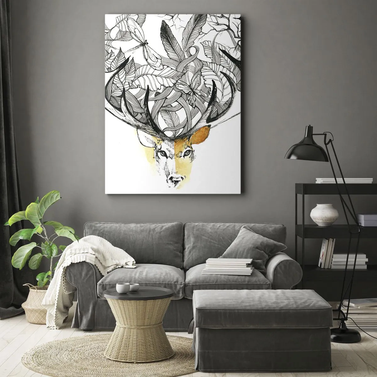Cuadro sobre lienzo - Impresión de Imagen - Gráfico sutil de ciervo con astas decorativas. - 50x70cm - Cuernos de la abundancia - Decoración de pared moderna para salón y dormitorio ARTTOR