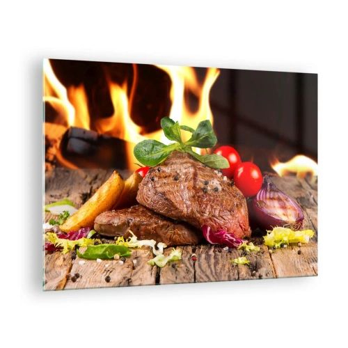 Cuadro sobre vidrio - Impresiones sobre Vidrio - Filete a la parrilla con verduras con el telón de fondo de las llamas - 70x50cm - Embrujo de fuego - Decoración de pared moderna para salón y dormitorio ARTTOR