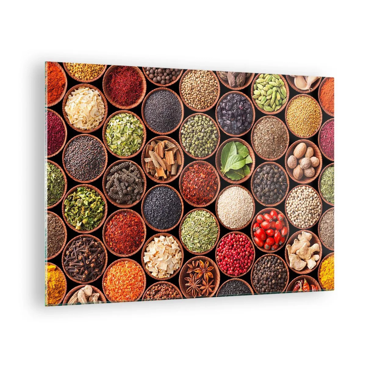 Cuadro sobre vidrio - Impresiones sobre Vidrio - Una composición de varias especias en cuencos de madera. - 70x50cm - Todos los sabores del mundo - Decoración de pared moderna para salón y dormitorio ARTTOR