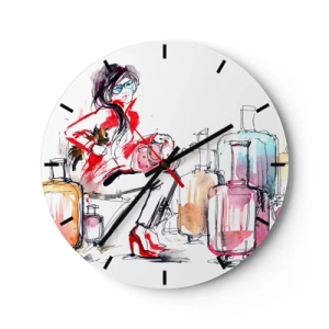Reloj de pared - Reloj de vidrio - Una mujer con un abrigo rojo rodeada de maletas y accesorios de viaje. - 30x30cm - Sentémonos antes del viaje - Decoración de pared moderna para salón, cocina y dormitorio ARTTOR