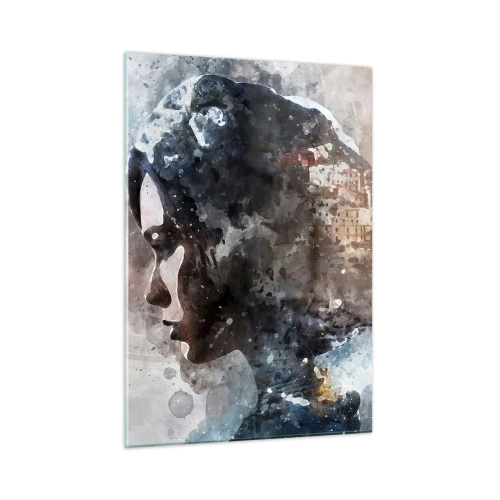 Cuadro sobre vidrio - Impresiones sobre Vidrio - Un perfil de mujer en estilo acuarela con una ciudad al fondo. - 50x70cm - Una historia sobre una niña con una ciudad de fondo - Decoración de pared moderna para salón y dormitorio ARTTOR