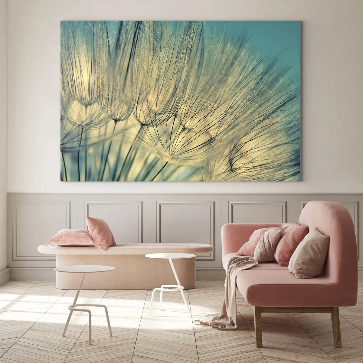 Cuadro sobre vidrio - Impresiones sobre Vidrio - Fotografía macro de un diente de león sobre un fondo turquesa. - 120x80cm - Esperando el viento - Decoración de pared moderna para salón y dormitorio ARTTOR