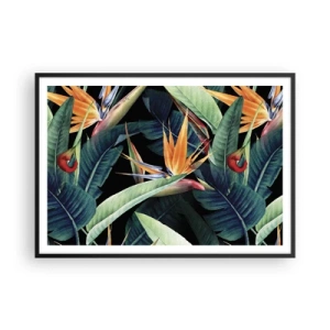 Póster en marco negro - Flores y hojas tropicales sobre fondo negro. - 100x70cm - Flores de llamas de los trópicos - Decoración de pared moderna para salón y dormitorio ARTTOR