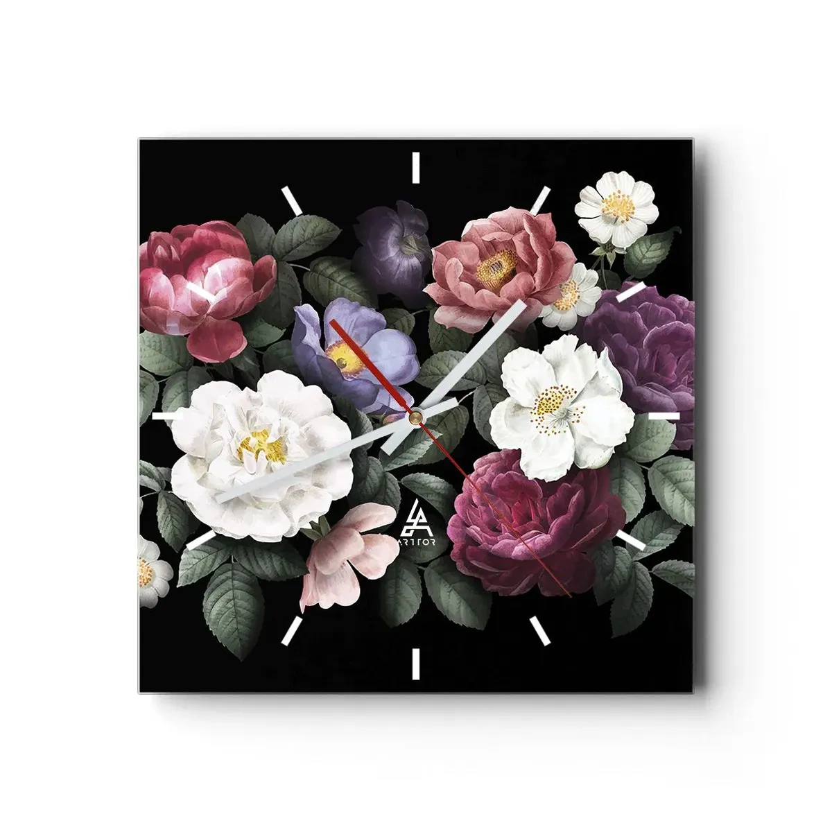 Reloj de pared - Reloj de vidrio - Flores en varios colores sobre fondo negro. - 30x30cm - De un jardín inglés - Decoración de pared moderna para salón y dormitorio ARTTOR