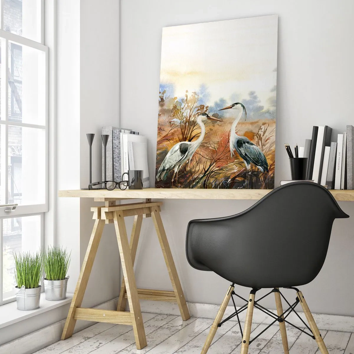 Cuadro sobre vidrio - Impresiones sobre Vidrio - Dos grullas en un paisaje otoñal pintado en acuarela. - 50x70cm - ¿A dónde nos dirigimos en otoño? - Decoración de pared moderna para salón y dormitorio ARTTOR
