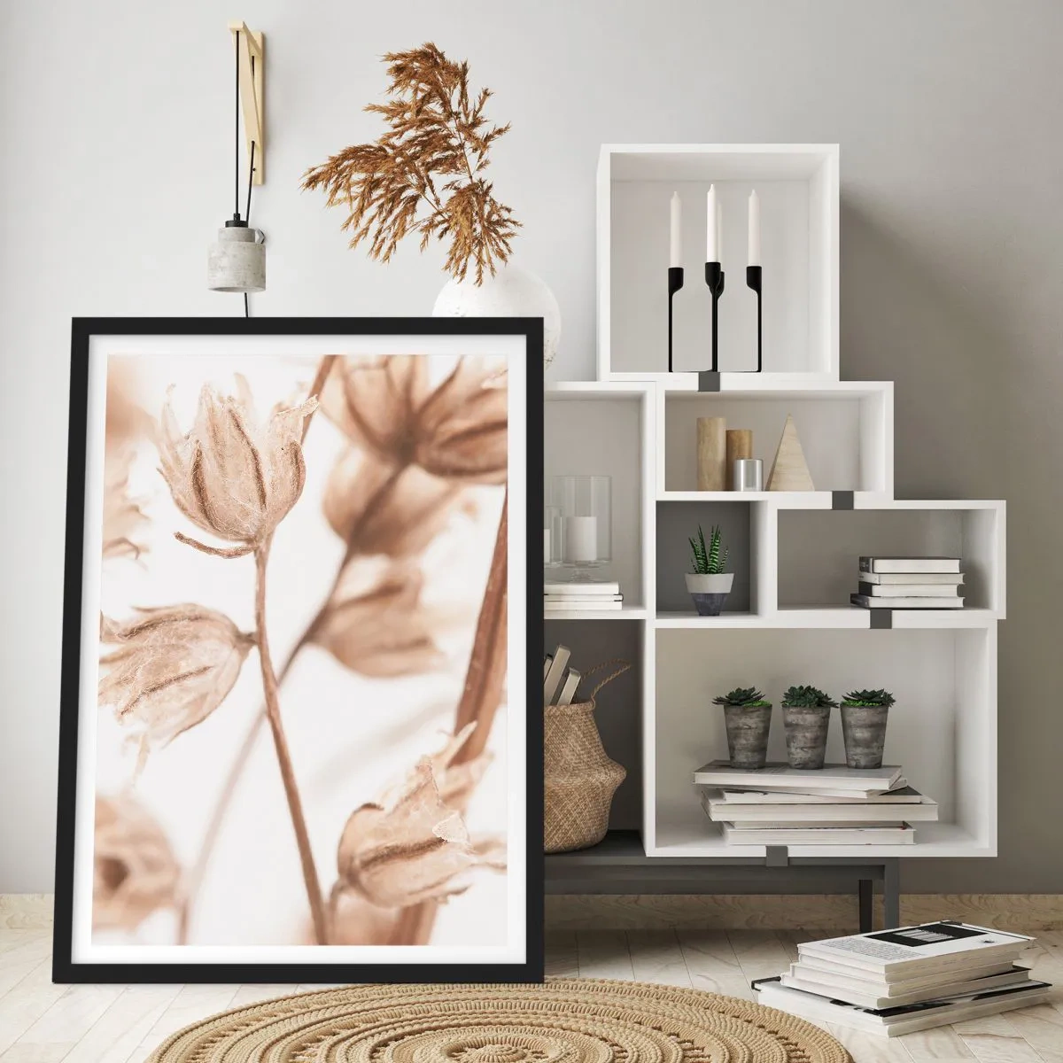 Póster en marco negro - Plantas secas en sepia sobre un fondo claro. - 50x70cm - El final del verano - Decoración de pared moderna para salón y dormitorio ARTTOR