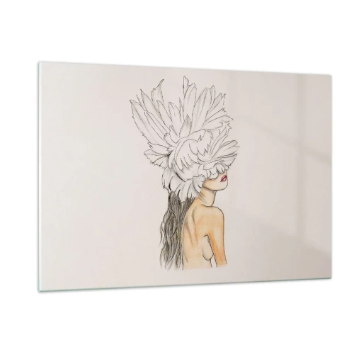 Cuadro sobre vidrio - Impresiones sobre Vidrio - Un dibujo de una mujer con cabello largo y una corona de grandes plumas. - 120x80cm - Belleza coronada - Decoración de pared moderna para salón y dormitorio ARTTOR