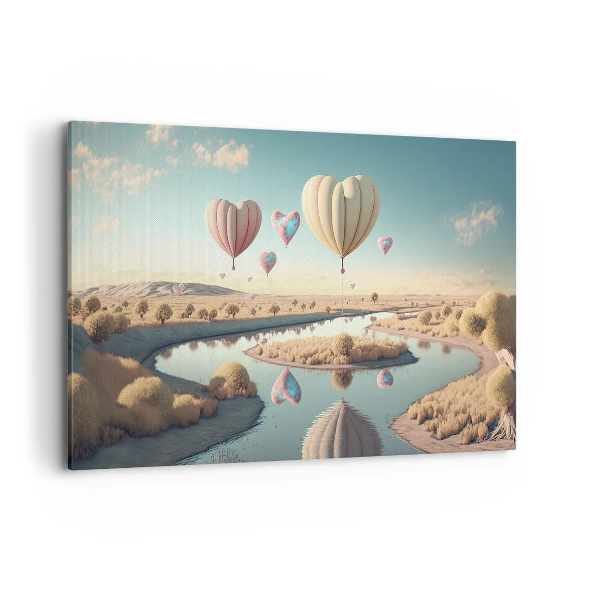 Cuadro sobre lienzo - Impresión de Imagen - Globos en forma de corazón flotando sobre el paisaje. - 120x80cm - El amor te hace volar - Decoración de pared moderna para salón y dormitorio ARTTOR