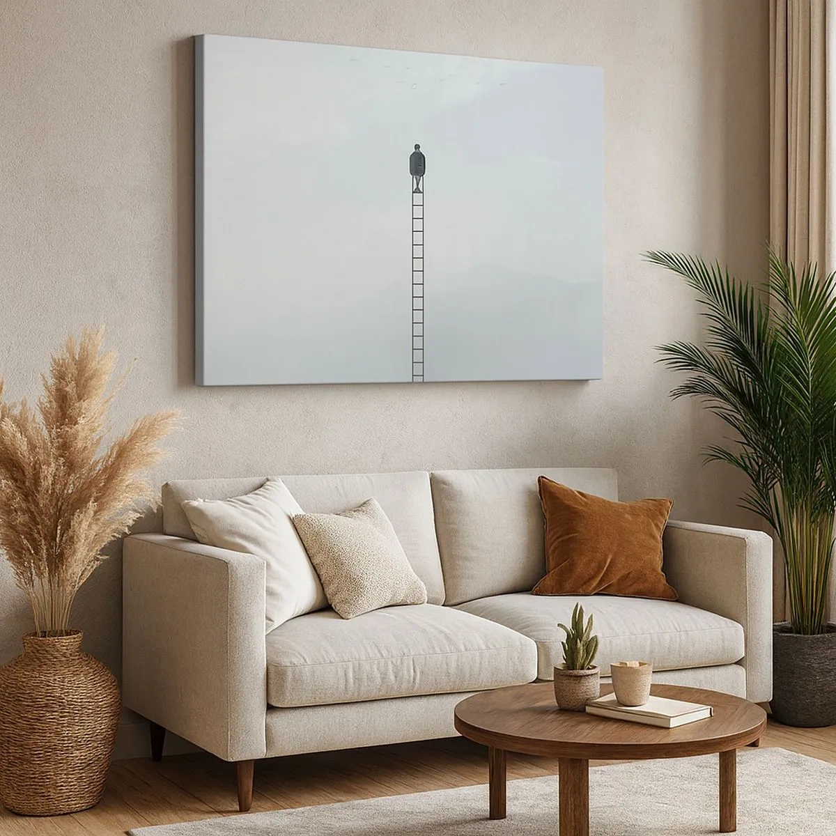 Cuadro sobre lienzo - Impresión de Imagen - Un hombre en una escalera que sube hacia el cielo. - 70x50cm - Hacia lo más alto - Decoración de pared moderna para salón y dormitorio ARTTOR