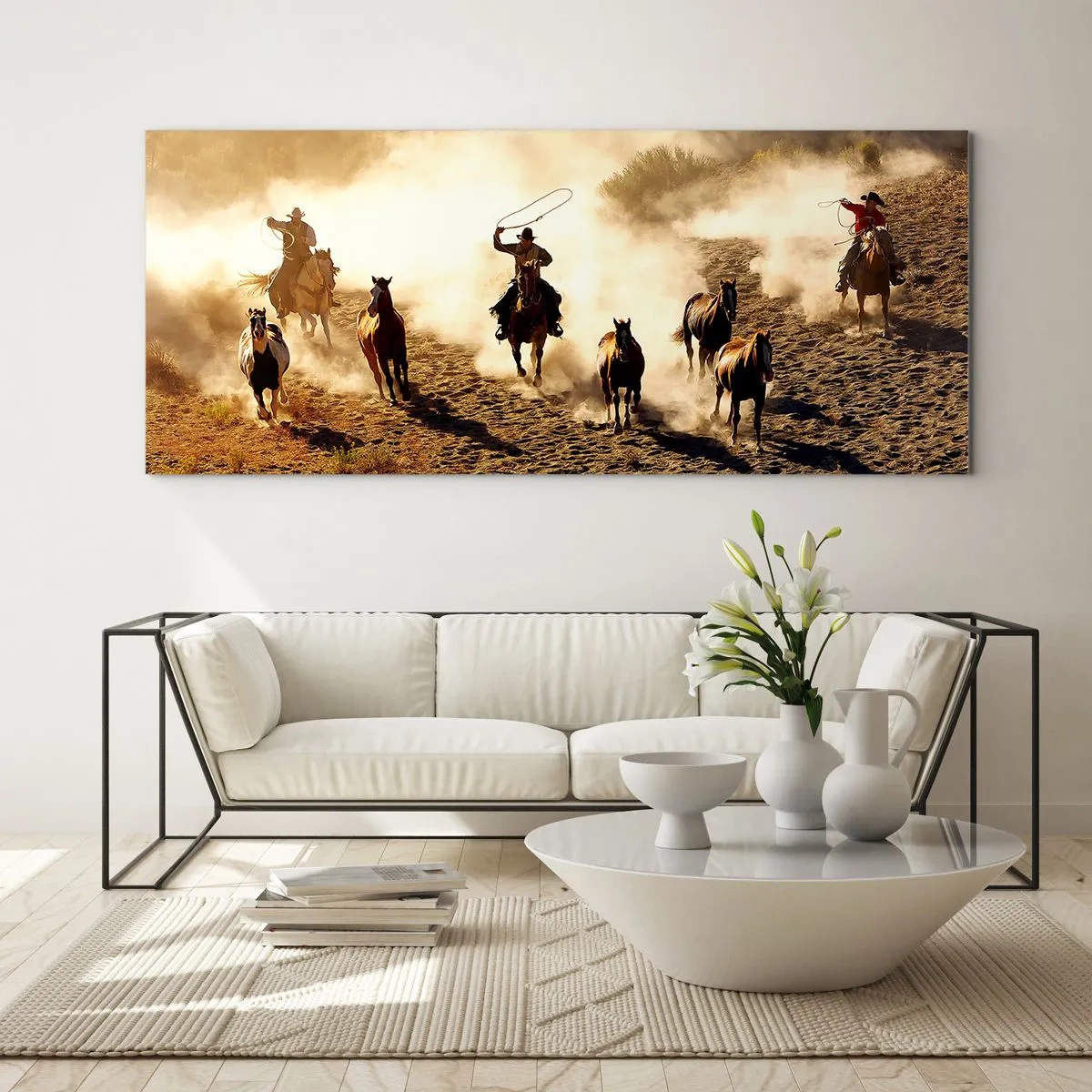 Cuadro sobre vidrio - Impresiones sobre Vidrio - Vaqueros a caballo en acción en el terreno desértico. - 140x50cm - El salvaje oeste - Decoración de pared moderna para salón y dormitorio ARTTOR