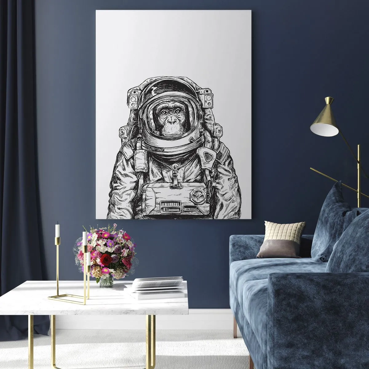 Cuadro sobre vidrio - Impresiones sobre Vidrio - Boceto de un mono con traje de astronauta sobre un fondo blanco. - 50x70cm - Evolución alternativa - Decoración de pared moderna para salón y dormitorio ARTTOR